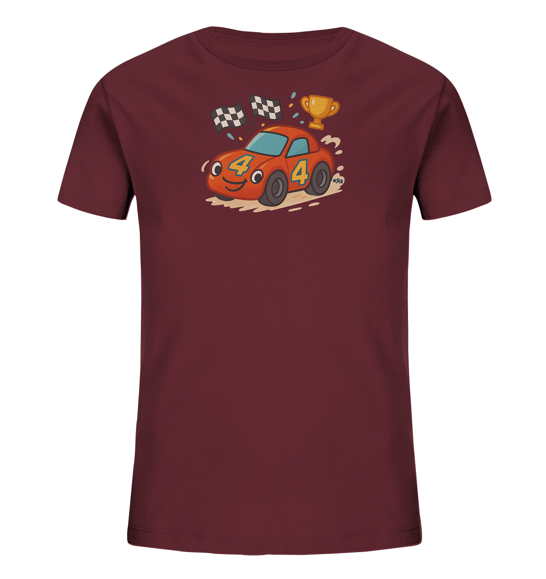 Onlineshop Shirts fuer Kinder - Das Bild zeigt ein dunkelrotes Kinder-T-Shirt mit einem farbigen Aufdruck auf der Vorderseite. Darauf ist ein orangefarbener Rennwagen mit lachendem Gesicht und der grossen Zahl '4' abgebildet. Der Rennwagen faehrt schnell, flankiert von zwei Zielflaggen und einem goldenen Pokal. Das Motiv vermittelt einen froehlichen Eindruck von Geschwindigkeit und Sieg.