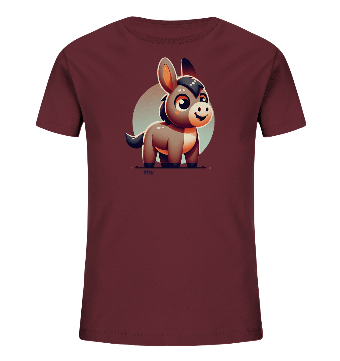 Onlineshop Shirts fuer Kinder - Das Bild zeigt ein Kinder-T-Shirt in einem warmen, dunkelroten Farbton. Auf der Vorderseite ist die Illustration eines kleinen, freundlich laechelnden Esels zu sehen. Der Esel ist im Cartoon-Stil gezeichnet und steht vor einem hellen Kreis als Hintergrundelement. Das Design wirkt verspielt und ansprechend fuer Kinder.