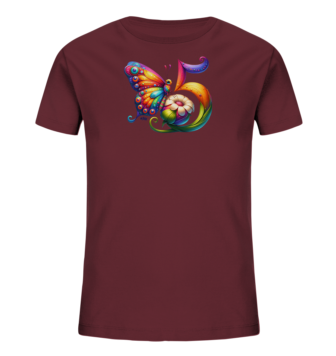 Onlineshop Shirts fuer Kinder - Dieses Himbeerrote Kinder-T-Shirt praesentiert eine lebendige Illustration. Im Mittelpunkt stehen ein detailreicher Schmetterling und eine kunstvoll gestaltete Zahl '5', eingebettet in bunte florale Elemente. Das farbenpraechtige Motiv verleiht dem Shirt einen froehlichen Look.