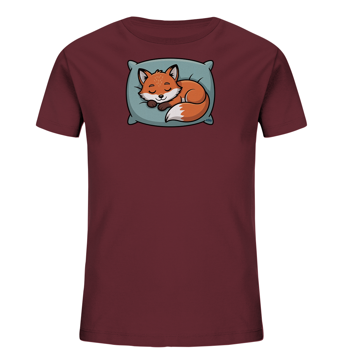 Onlineshop Shirts fuer Kinder - Das Bild zeigt ein dunkelrotes Kinder-T-Shirt mit einem niedlichen Motiv auf der Vorderseite. Darauf ist ein schlafender Fuchs abgebildet, der sich gemuetlich auf einem hellblauen Kissen eingerollt hat. Der Fuchs ist in warmen Orange- und Weisstoenen gehalten und hat die Augen friedlich geschlossen. Das Design wirkt beruhigend und ist ansprechend fuer Kinder.
