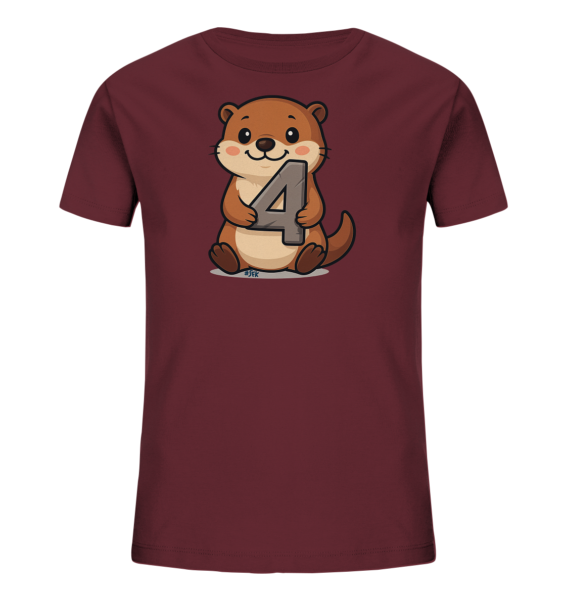 Onlineshop Shirts fuer Kinder - Das Bild zeigt ein Kindert-Shirt in einem dunklen Rotton. Auf der Vorderseite ist eine niedliche, cartoonartige Figur eines Otters abgebildet. Der Otter sitzt aufrecht und haelt die graue Ziffer '4' in seinen Pfoten. Die Illustration wirkt freundlich und ist zentral auf dem Oberteil platziert.