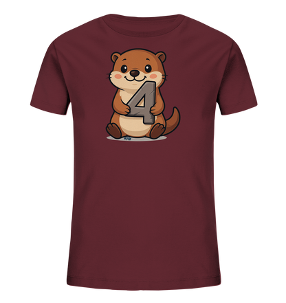 Onlineshop Shirts fuer Kinder - Das Bild zeigt ein Kindert-Shirt in einem dunklen Rotton. Auf der Vorderseite ist eine niedliche, cartoonartige Figur eines Otters abgebildet. Der Otter sitzt aufrecht und haelt die graue Ziffer '4' in seinen Pfoten. Die Illustration wirkt freundlich und ist zentral auf dem Oberteil platziert.