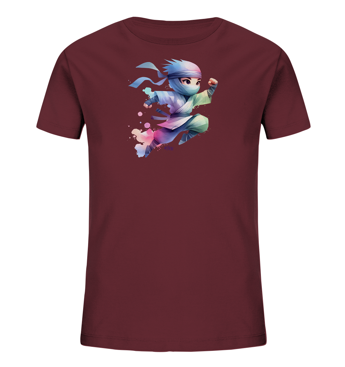 Onlineshop Shirts fuer Kinder - Das Bild zeigt ein dunkelrotes T-Shirt. Auf der Vorderseite befindet sich eine bunte Illustration eines Charakters in einer springenden Pose. Die Darstellung nutzt einen kuenstlerischen Stil mit Farbverlaeufen und Spritzern.