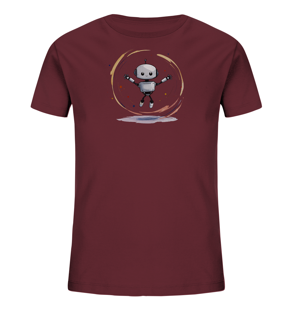 Onlineshop Shirts für Kinder - Das Bild zeigt ein dunkelrotes Kinder-T-Shirt, das flach ausgelegt ist. Auf der Vorderseite des Shirts befindet sich eine farbenfrohe Grafik eines kleinen, freundlich lächelnden Roboters. Der Roboter, in Grau- und Weißtönen gehalten, scheint zu springen, da seine Arme und Beine ausgestreckt sind. Er ist umgeben von einem dynamischen, wirbelnden Kreis aus warmen und kühlen Farben sowie kleinen Tupfen, was einen lebendigen Effekt erzeugt.