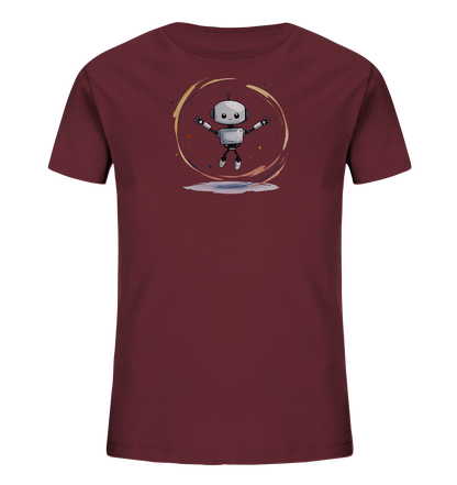 Onlineshop Shirts für Kinder - Das Bild zeigt ein dunkelrotes Kinder-T-Shirt, das flach ausgelegt ist. Auf der Vorderseite des Shirts befindet sich eine farbenfrohe Grafik eines kleinen, freundlich lächelnden Roboters. Der Roboter, in Grau- und Weißtönen gehalten, scheint zu springen, da seine Arme und Beine ausgestreckt sind. Er ist umgeben von einem dynamischen, wirbelnden Kreis aus warmen und kühlen Farben sowie kleinen Tupfen, was einen lebendigen Effekt erzeugt.