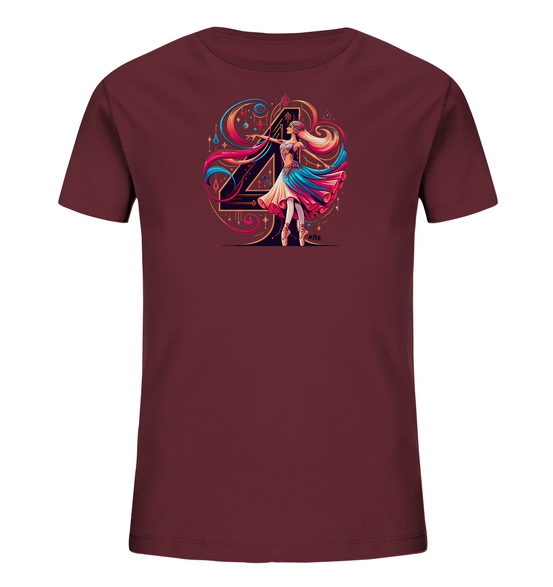 Onlineshop Shirts fuer Kinder - Das Bild zeigt ein dunkelrotes Kinder-T-Shirt mit einem farbenfrohen Motiv auf der Vorderseite. Das Design umfasst eine grosse, stilisierte Zahl '4' mit dekorativen Elementen. Davor tanzt eine Figur im Ballettstil in einem fliessenden Kleid. Das Motiv ist detailreich und verwendet lebendige Farben.