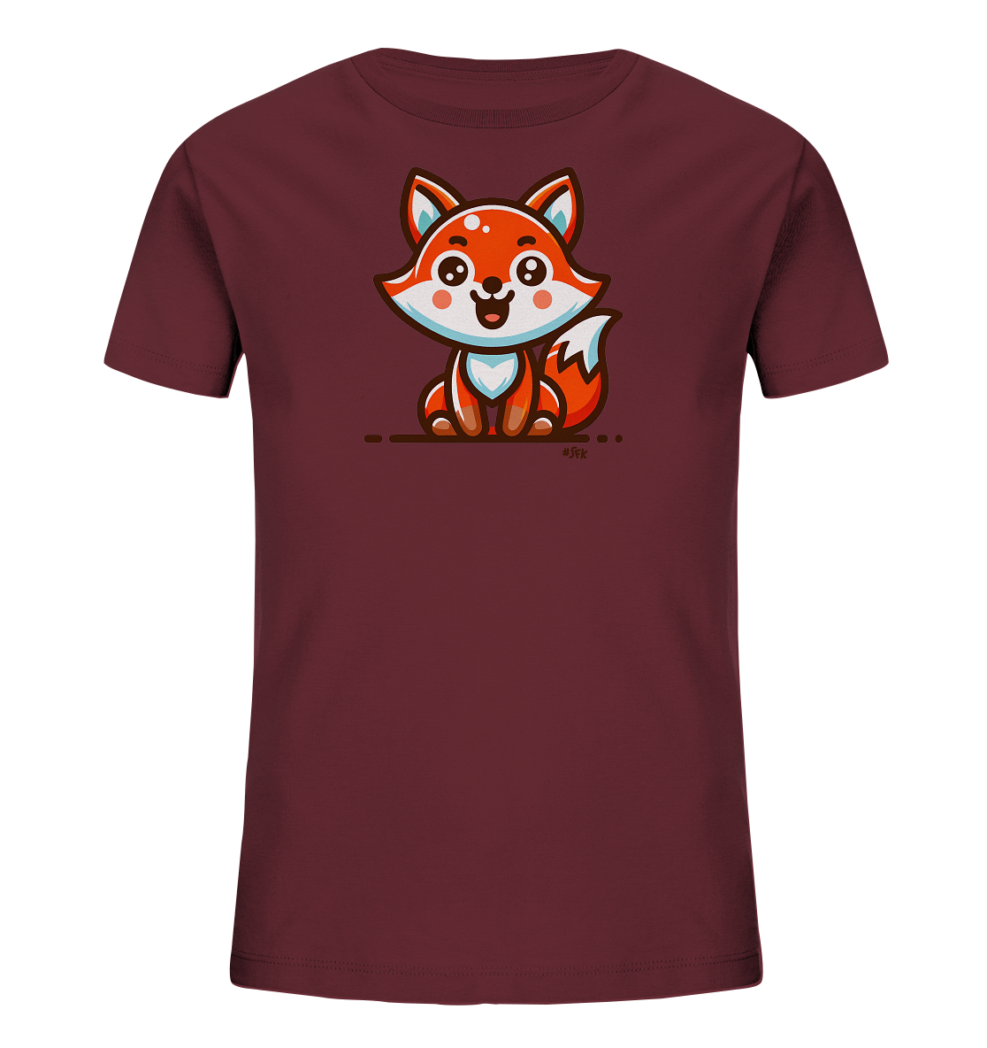 Onlineshop Shirts fuer Kinder - Dieses T-Shirt in Weinrot zeigt eine niedliche, cartoonhafte Illustration eines kleinen Fuchses auf der Vorderseite. Der freundlich laechelnde Fuchs ist sitzend dargestellt und in warmen Orange- und Weisstoenen gehalten, mit blauen Akzenten. Das Design ist verspielt und ansprechend.
