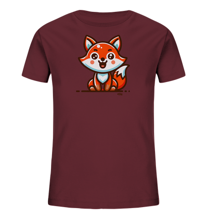 Onlineshop Shirts fuer Kinder - Dieses T-Shirt in Weinrot zeigt eine niedliche, cartoonhafte Illustration eines kleinen Fuchses auf der Vorderseite. Der freundlich laechelnde Fuchs ist sitzend dargestellt und in warmen Orange- und Weisstoenen gehalten, mit blauen Akzenten. Das Design ist verspielt und ansprechend.