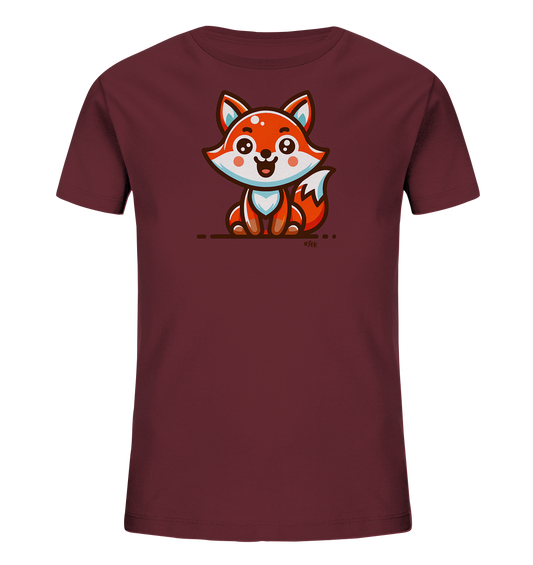 Onlineshop Shirts fuer Kinder - Dieses T-Shirt in Weinrot zeigt eine niedliche, cartoonhafte Illustration eines kleinen Fuchses auf der Vorderseite. Der freundlich laechelnde Fuchs ist sitzend dargestellt und in warmen Orange- und Weisstoenen gehalten, mit blauen Akzenten. Das Design ist verspielt und ansprechend.