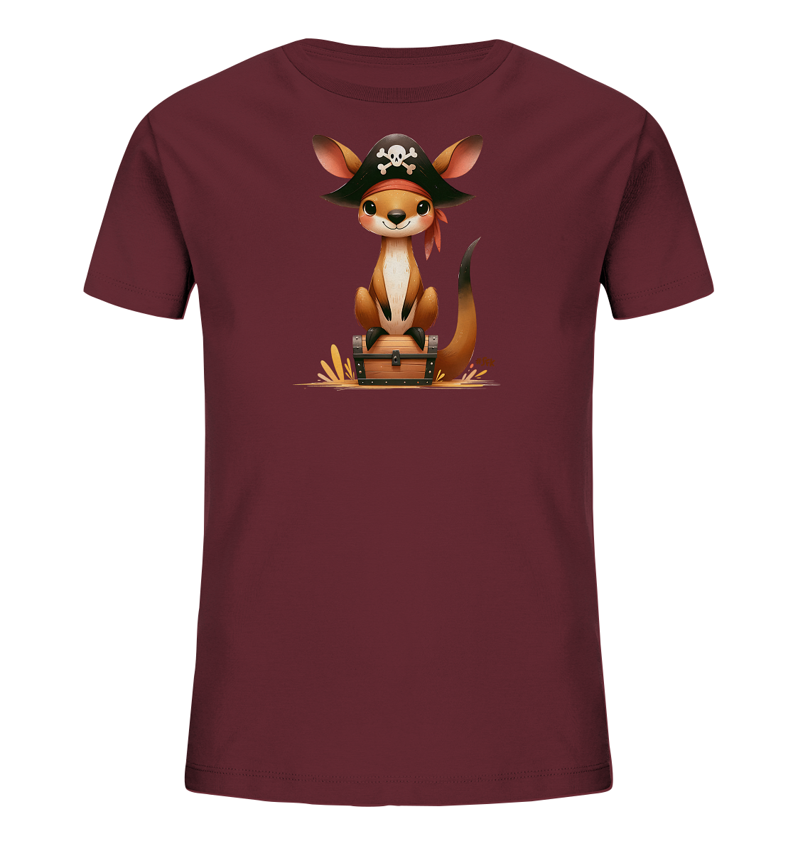 Onlineshop Shirts fuer Kinder - Das Bild zeigt ein T-Shirt fuer Kinder in einem dunklen Rotton. Auf der Vorderseite ist eine Illustration eines suessen, sitzenden Kaengurus zu sehen. Das Kaenguru traegt einen Piratenhut mit Totenkopfsymbol und sitzt auf einer Schatztruhe. Das Design hat einen verspielten und abenteuerlichen Charakter.