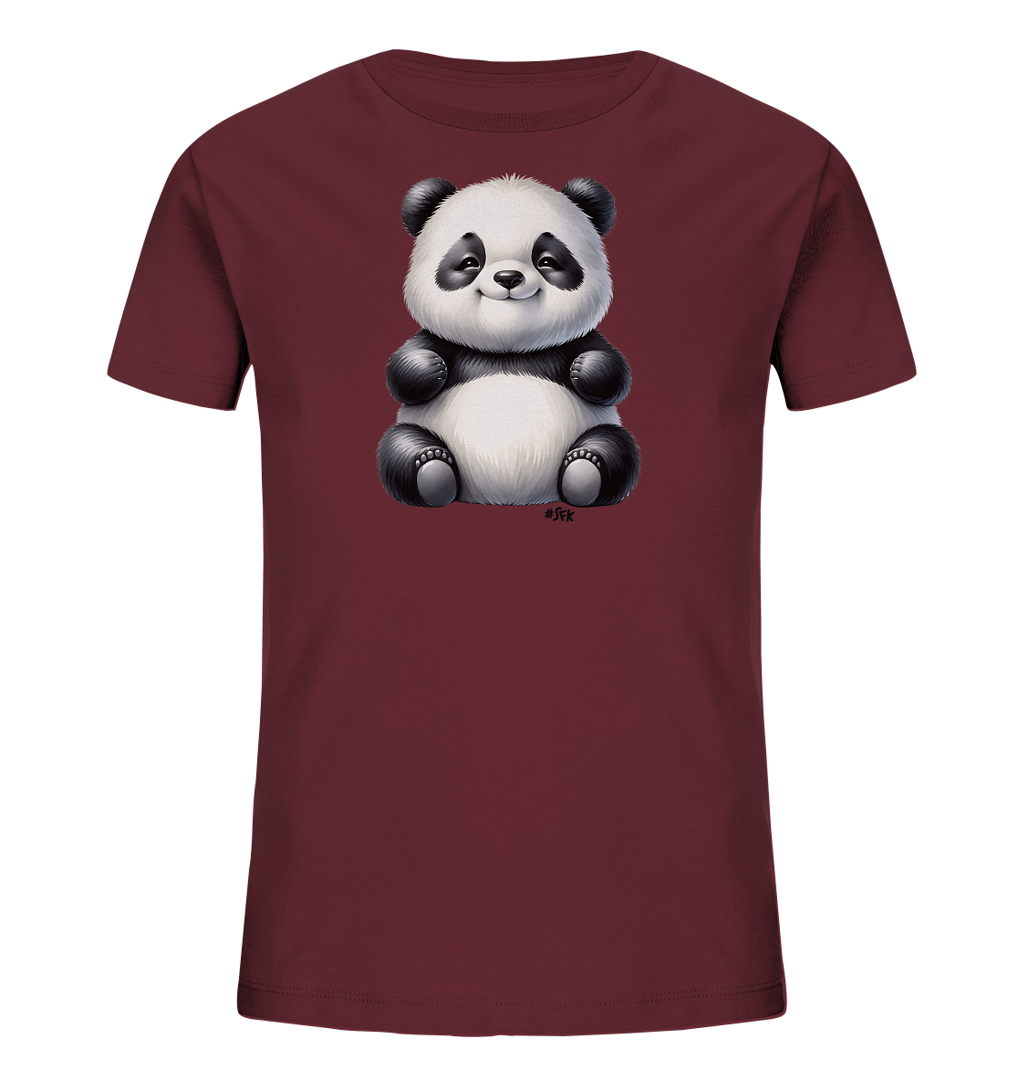 Onlineshop Shirts fuer Kinder - Das Bild zeigt ein weinrotes T-Shirt fuer Kinder. Auf der Vorderseite ist eine detaillierte Illustration eines niedlichen, sitzenden Pandas zu sehen. Der Panda hat grosse Augen, ein freundliches Laecheln und eine flauschige Felltextur in Schwarz und Weiss. Dieses charmante Motiv ist zentral auf dem Shirt platziert.