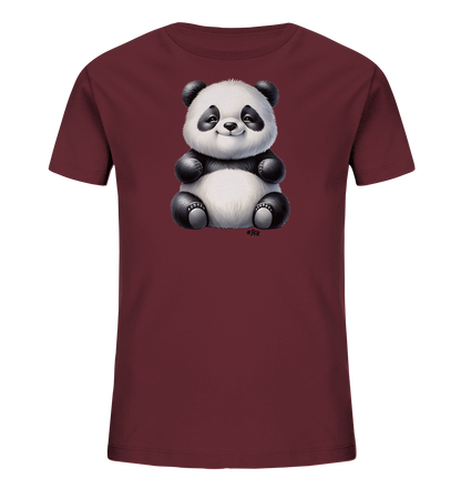Kinder T-Shirt mit ein sitzender Panda mit schwarz-weißem Fell und freundlichem Lächeln