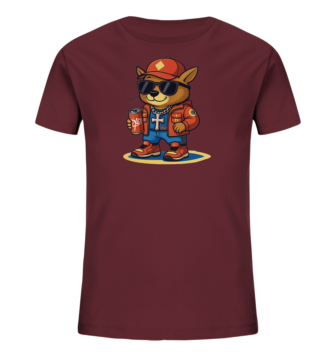 Onlineshop Shirts fuer Kinder - Das Bild zeigt ein bordeauxrotes Kinder-T-Shirt mit einem auffaelligen Cartoon-Motiv auf der Vorderseite. Dargestellt ist eine laessige Tierfigur, die eine Kappe, Sonnenbrille und eine goldene Halskette traegt. Die Figur ist in eine orangefarbene Jacke, blaue Jeans und passende Sneaker gekleidet und haelt eine rote Dose in der Hand. Das Design wirkt modern und verspielt, ideal fuer Kinder.