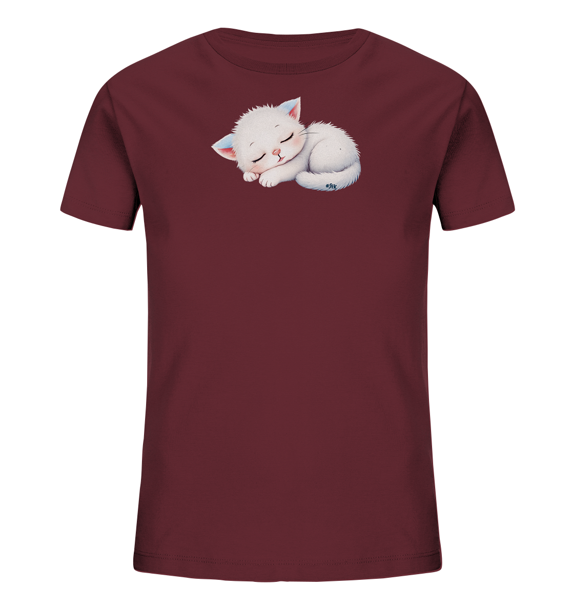 Onlineshop Shirts fuer Kinder - Das Bild zeigt ein dunkelrotes Kinder-T-Shirt. Auf der Vorderseite ist eine Illustration eines schlafenden, weissen Kaetzchens zu sehen, das sich eingerollt hat. Das Kaetzchen hat geschlossene Augen und einen friedlichen Gesichtsausdruck, mit einem Hauch von Blau in den Ohren. Das Design vermittelt eine sanfte und ruhige Atmosphaere.