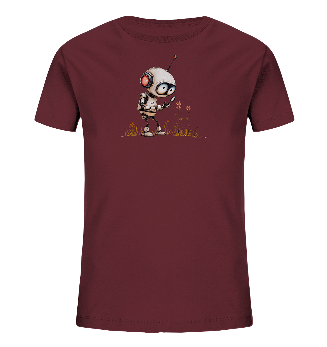 Onlineshop Shirts für Kinder - Das Bild zeigt ein Kinder-T-Shirt in einem dunklen Rotton, oft als Burgunder oder Maroon bezeichnet. Auf der Vorderseite ist eine Illustration eines kleinen, weißen Roboters zu sehen, der neugierig eine Blume betrachtet. Der Roboter hält eine Lupe und steht in einer angedeuteten Graslandschaft mit mehreren kleinen Blüten. Das Motiv ist im freundlichen und detaillierten Cartoon-Stil gestaltet und hebt sich gut vom dunklen Stoff ab.