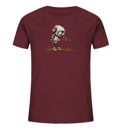 Onlineshop Shirts für Kinder - Das Bild zeigt ein Kinder-T-Shirt in einem dunklen Rotton, oft als Burgunder oder Maroon bezeichnet. Auf der Vorderseite ist eine Illustration eines kleinen, weißen Roboters zu sehen, der neugierig eine Blume betrachtet. Der Roboter hält eine Lupe und steht in einer angedeuteten Graslandschaft mit mehreren kleinen Blüten. Das Motiv ist im freundlichen und detaillierten Cartoon-Stil gestaltet und hebt sich gut vom dunklen Stoff ab.