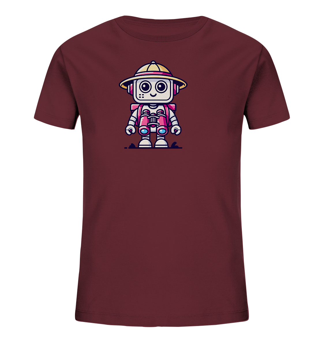 Onlineshop Shirts für Kinder - Das Bild zeigt ein kurzärmeliges Kinder-T-Shirt in einem dunklen Burgunderrot. Auf der Brust ist eine bunte Grafik eines Roboters platziert. Der Roboter trägt einen hellen Tropenhelm und hat ein rosafarbenes Fernglas um den Hals hängen. Die Illustration ist im Cartoon-Stil gehalten und zeigt den Roboter mit großen Augen und einem leichten Lächeln, was ihm eine freundliche Ausstrahlung verleiht. Das Design wirkt verspielt und abenteuerlich.