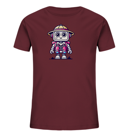 Onlineshop Shirts für Kinder - Das Bild zeigt ein kurzärmeliges Kinder-T-Shirt in einem dunklen Burgunderrot. Auf der Brust ist eine bunte Grafik eines Roboters platziert. Der Roboter trägt einen hellen Tropenhelm und hat ein rosafarbenes Fernglas um den Hals hängen. Die Illustration ist im Cartoon-Stil gehalten und zeigt den Roboter mit großen Augen und einem leichten Lächeln, was ihm eine freundliche Ausstrahlung verleiht. Das Design wirkt verspielt und abenteuerlich.