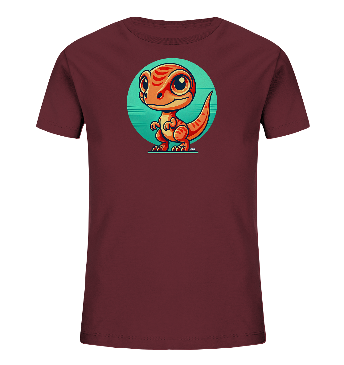 Onlineshop Shirts fuer Kinder - Das Bild zeigt ein dunkelrotes Kinder-T-Shirt mit einem farbenfrohen Cartoon-Dinosaurier. Der niedliche, orangefarbene Dino mit grossen Augen und Streifen steht vor einem aquafarbenen Kreis. Das Design ist verspielt und ansprechend fuer Kinder.