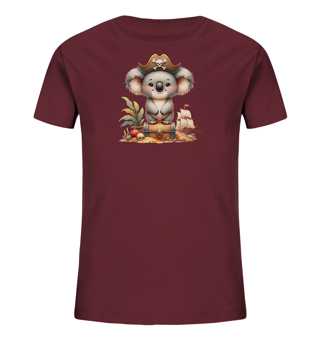 Onlineshop Shirts fuer Kinder - Das Bild zeigt ein dunkelrotes Kinder-T-Shirt mit einem niedlichen Aufdruck auf der Vorderseite. Der Aufdruck zeigt einen Koalabaeren mit Piratenhut, der auf einer Schatzkiste sitzt. Um die Kiste herum liegen Muscheln und ein kleiner Schaedel auf Sand. Im Hintergrund sind tropische Pflanzen und ein Segelschiff auf dem Wasser zu sehen.