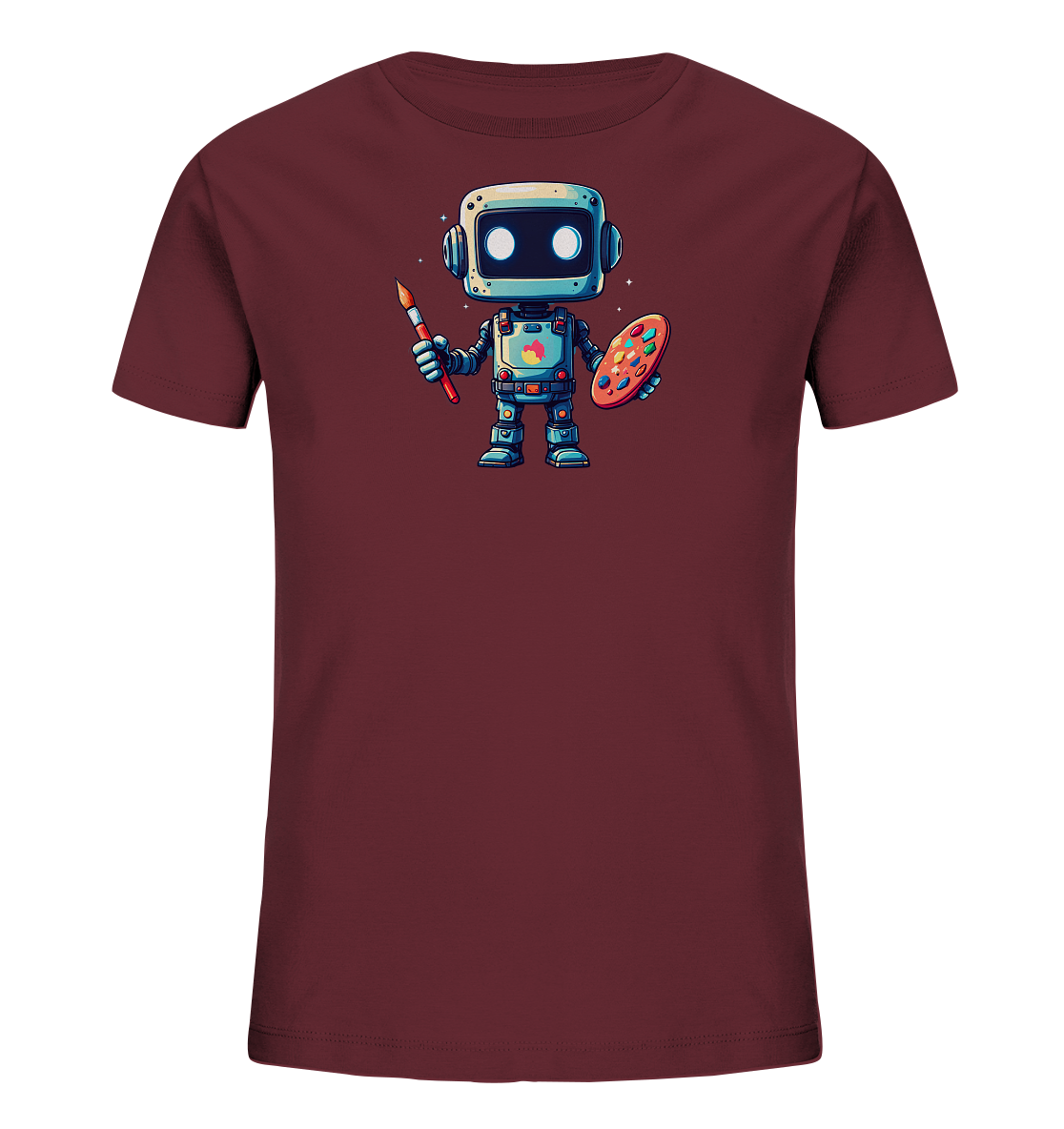 Onlineshop Shirts für Kinder - Das Bild zeigt ein kurzärmeliges Kinder-T-Shirt in einem dunklen Bordeauxrot- oder Maroonton. Auf der Vorderseite des Shirts ist eine detaillierte, cartoonartige Illustration eines Roboters zu sehen. Der Roboter steht aufrecht und hält in einer Hand einen Pinsel und in der anderen eine ovale Farbpalette mit bunten Farbtupfern. Das Design wirkt verspielt und kreativ, passend für ein Kinder-T-Shirt.