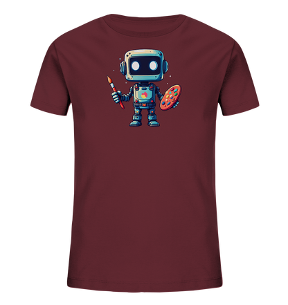 Onlineshop Shirts für Kinder - Das Bild zeigt ein kurzärmeliges Kinder-T-Shirt in einem dunklen Bordeauxrot- oder Maroonton. Auf der Vorderseite des Shirts ist eine detaillierte, cartoonartige Illustration eines Roboters zu sehen. Der Roboter steht aufrecht und hält in einer Hand einen Pinsel und in der anderen eine ovale Farbpalette mit bunten Farbtupfern. Das Design wirkt verspielt und kreativ, passend für ein Kinder-T-Shirt.