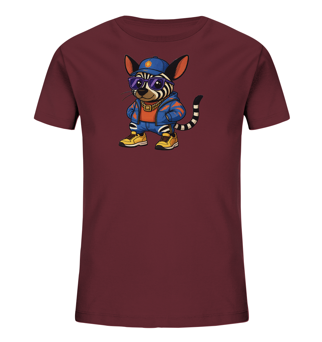 Onlineshop Shirts fuer Kinder - Das Bild zeigt ein dunkelrotes Kinder-T-Shirt. Auf der Vorderseite ist ein cooles, cartoonartiges Tier mit Zebrastreifen abgebildet, das eine blaue Kappe, Sonnenbrille und eine goldene Kette traegt. Das Tier steht laessig mit den Haenden in den Hosentaschen und traegt eine blaue Jacke mit orangefarbenem Shirt sowie gelbe Schuhe. Das Design wirkt modern und stylisch.