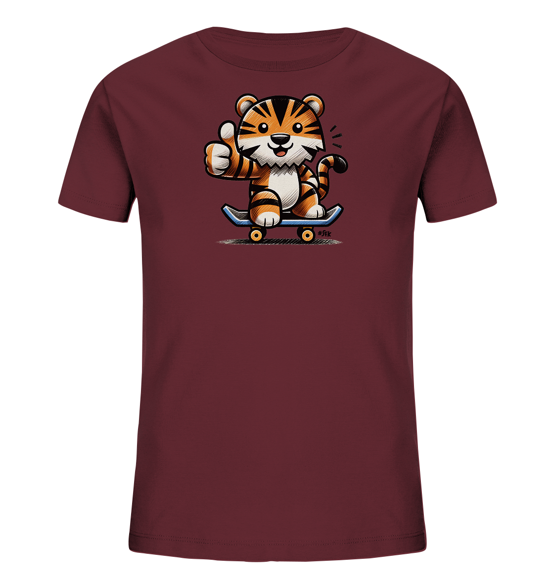 Onlineshop Shirts fuer Kinder - Das Bild zeigt ein dunkelrotes Kinder-T-Shirt mit einem Comic-Print. Darauf ist ein niedlicher Tiger abgebildet, der lachend auf einem blauen Skateboard sitzt. Der Tiger hat grosse Augen und gibt einen Daumen hoch. Das Design wirkt froehlich und verspielt, ideal fuer junge Abenteurer.