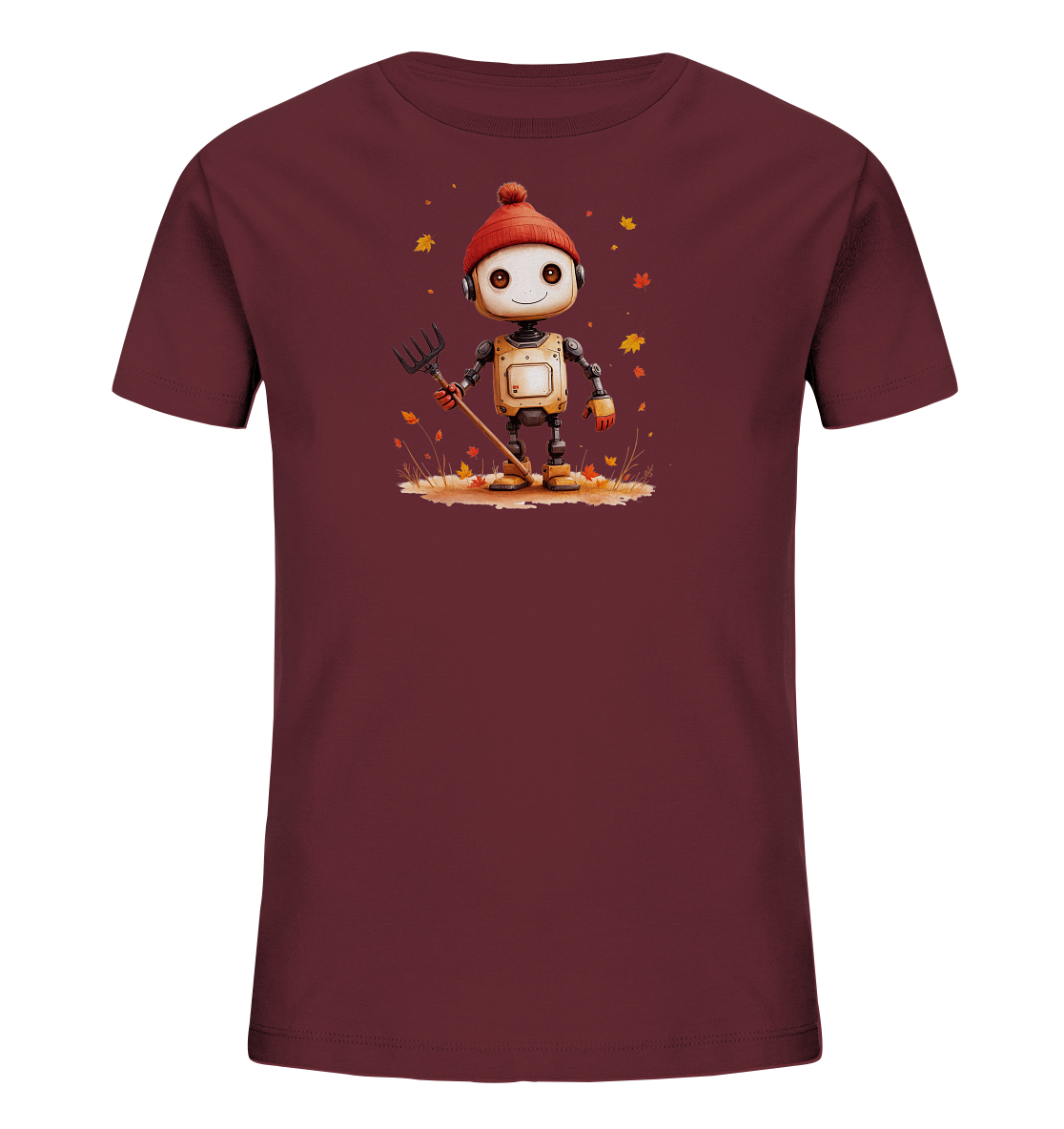 Onlineshop Shirts für Kinder - Das Bild zeigt ein dunkelrotes T-Shirt mit einem herbstlichen Motiv auf der Vorderseite. Im Zentrum des Designs steht ein freundlicher, cartoonartiger Roboter, der eine rote Bommelmütze trägt und einen Rechen hält. Der Roboter ist von fallenden Herbstblättern in warmen Farbtönen umgeben und steht auf einem kleinen Fleckchen Gras und Erde. Das gesamte Motiv vermittelt eine fröhliche Herbststimmung.