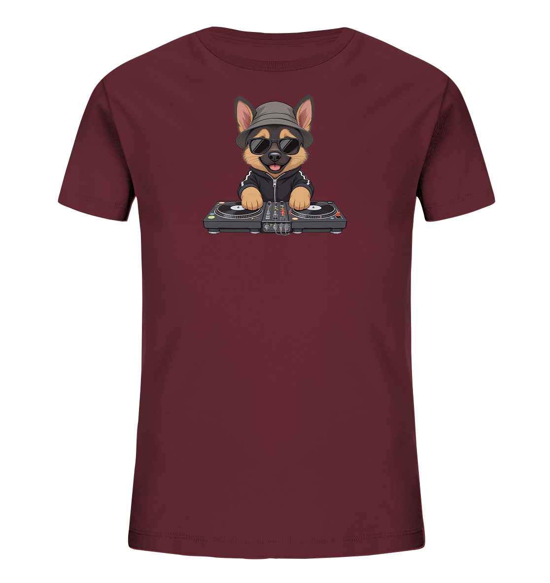 Onlineshop Shirts fuer Kinder - Das Bild zeigt ein bordeauxrotes T-Shirt fuer Kinder. Darauf ist eine niedliche, cartoonartige Hundefigur abgebildet, die eine Sonnenbrille und einen Fischerhut traegt. Der Hund steht hinter einem DJ-Mischpult und legt Musik auf. Das Design verleiht dem Shirt einen verspielten und coolen Charakter.