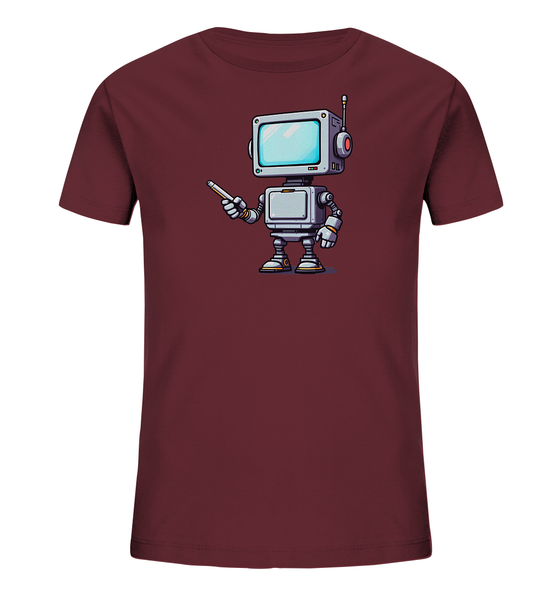 Onlineshop Shirts für Kinder - Das Bild zeigt ein einzelnes Kinder-T-Shirt in einem dunklen Bordeauxrot, frontal aufgenommen. Auf der Vorderseite des Shirts befindet sich eine detaillierte Grafik eines Roboters. Der Roboter hat einen Kopf, der einem alten Fernseher mit Bildschirm und Antenne ähnelt, sowie graue Gliedmaßen mit goldfarbenen Akzenten. Er hält einen Stift oder Pointer in seiner rechten Hand und ist im Stil einer digitalen Illustration dargestellt.