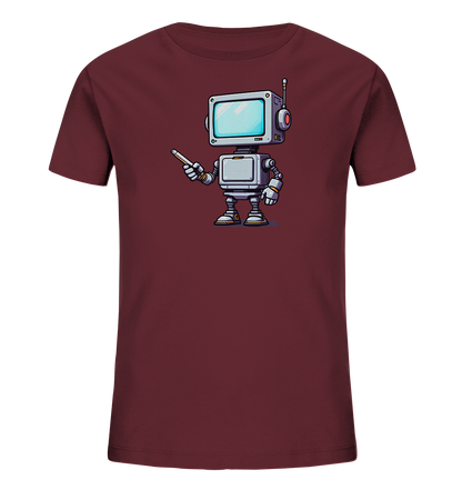 Onlineshop Shirts für Kinder - Das Bild zeigt ein einzelnes Kinder-T-Shirt in einem dunklen Bordeauxrot, frontal aufgenommen. Auf der Vorderseite des Shirts befindet sich eine detaillierte Grafik eines Roboters. Der Roboter hat einen Kopf, der einem alten Fernseher mit Bildschirm und Antenne ähnelt, sowie graue Gliedmaßen mit goldfarbenen Akzenten. Er hält einen Stift oder Pointer in seiner rechten Hand und ist im Stil einer digitalen Illustration dargestellt.