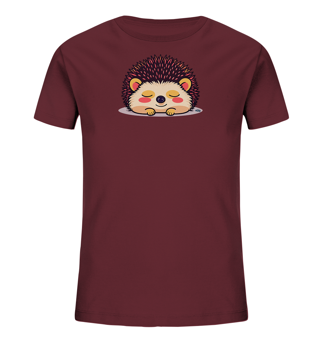 Onlineshop Shirts fuer Kinder - Das Bild zeigt ein dunkelrotes Kinder-T-Shirt mit einem niedlichen Motiv eines schlafenden Igels auf der Vorderseite. Der Igel hat helle Haut und dunkle Stacheln mit rosa Spitzen. Er liegt friedlich mit geschlossenen Augen da, was dem Design eine ruhige und sanfte Ausstrahlung verleiht. Die Gestaltung ist charmant und ansprechend fuer Kinder.