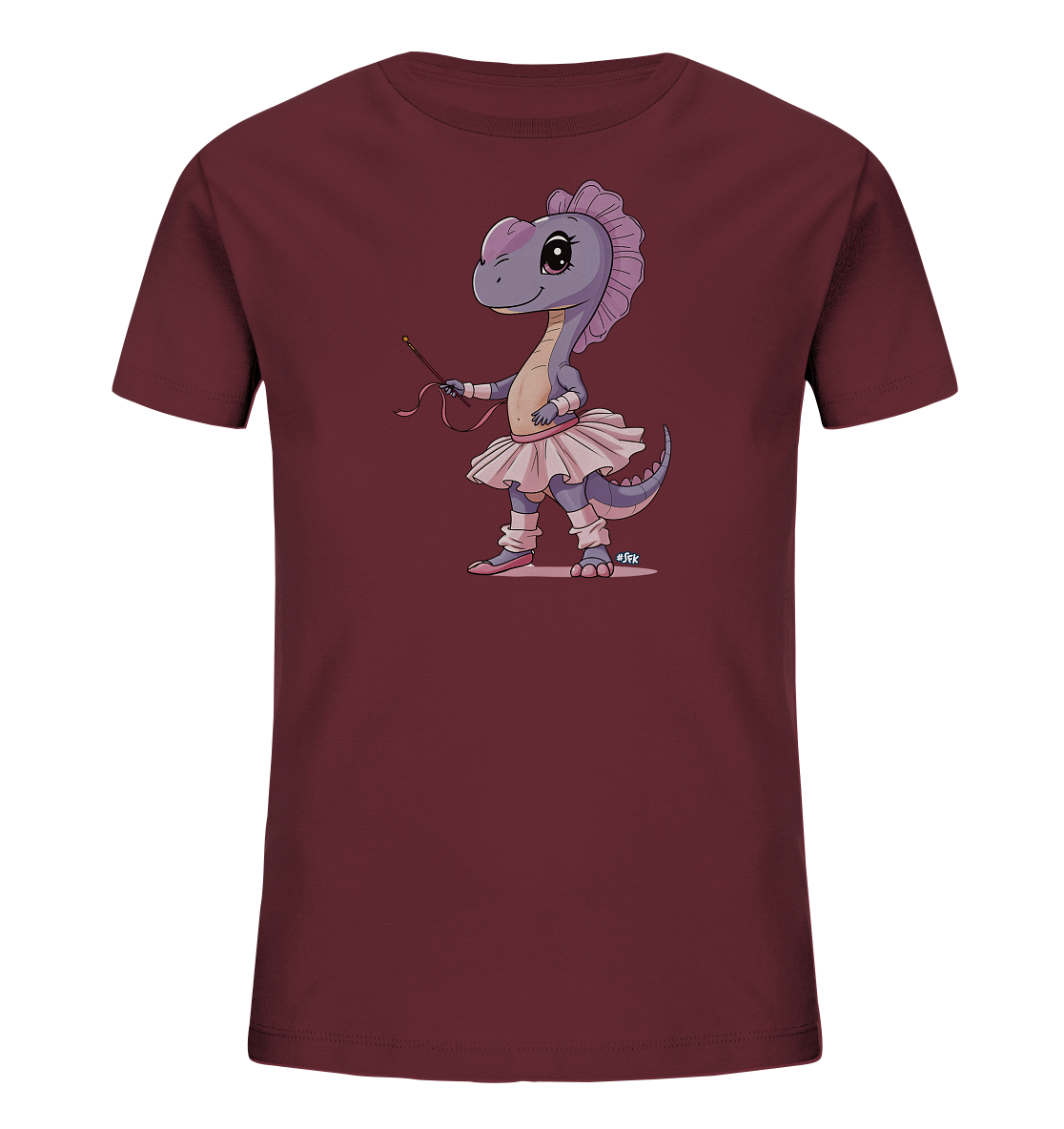 Onlineshop Shirts fuer Kinder - Das Bild zeigt ein dunkelrotes Kinder T-Shirt mit einem farbigen Aufdruck. Zu sehen ist eine lila Dinosaurierfigur in einem rosa Ballett-Outfit. Die Figur traegt ein Tutu, Ballettschuhe und haelt einen kleinen Stab mit Band in der Hand. Das Motiv ist im Cartoon-Stil gehalten und wirkt verspielt.
