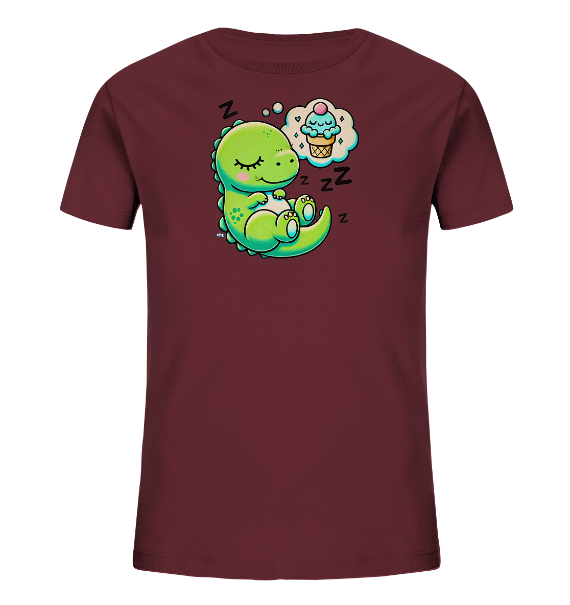 Onlineshop Shirts fuer Kinder - Das Bild zeigt ein dunkelrotes Kinder-T-Shirt mit einem niedlichen Aufdruck. Ein gruener Cartoon-Dinosaurier schlaeft selig und traeumt von einem Eiscreme-Hoernchen, das in einer Denkblase dargestellt ist. Um den schlafenden Dino sind ZzZ-Symbole zu sehen. Das Motiv ist farbenfroh und verspielt gestaltet.