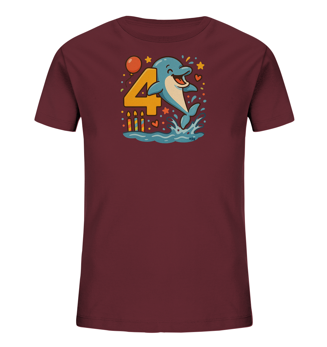Onlineshop Shirts fuer Kinder - Dieses dunkelrote T-Shirt zeigt ein froehliches Design mit einem blauen Cartoon-Delfin, der aus dem Wasser springt. Neben dem Delfin ist die grosse Zahl '4' platziert. Das Motiv ist mit bunten Elementen wie einem Ballon, Sternen und Herzen verziert, sowie Kerzen unter der Zahl. Das Design wirkt lebendig und feierlich.