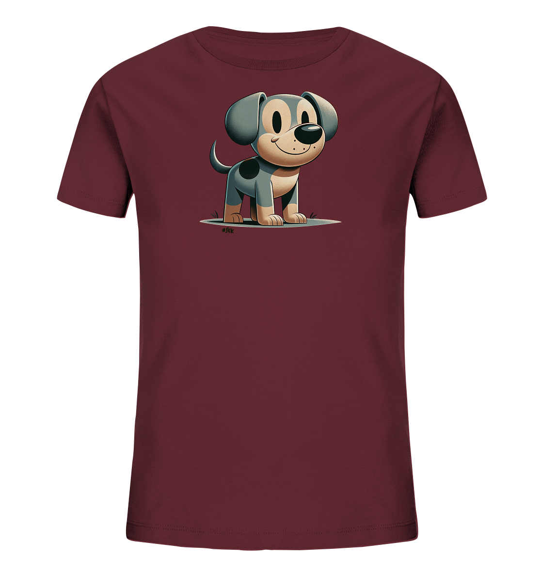 Onlineshop Shirts fuer Kinder - Dieses dunkelrote T-Shirt zeigt ein niedliches Cartoon-Hundemotiv auf der Vorderseite. Der Hund hat graues Fell, grosse Ohren und ein freundliches Laecheln. Er steht auf einem Untergrund mit etwas Gras. Das Design wirkt verspielt.