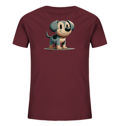 Onlineshop Shirts fuer Kinder - Dieses dunkelrote T-Shirt zeigt ein niedliches Cartoon-Hundemotiv auf der Vorderseite. Der Hund hat graues Fell, grosse Ohren und ein freundliches Laecheln. Er steht auf einem Untergrund mit etwas Gras. Das Design wirkt verspielt.