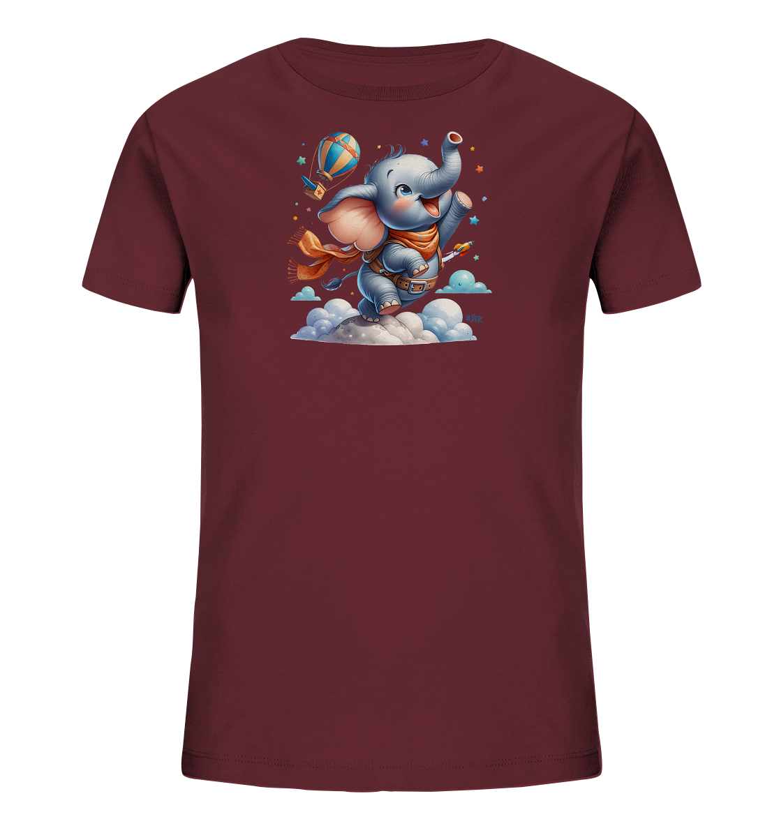 Onlineshop Shirts fuer Kinder - Das Bild zeigt ein bordeauxrotes Kinder-T-Shirt mit einem detailreichen Druck. Im Zentrum befindet sich ein laechelnder, fliegender Elefant mit Schal und Gurt, der auf einer Wolke reitet. Um ihn herum sind fantasievolle Elemente wie ein Heissluftballon, Sterne und kleine Raketen oder Flugzeuge dargestellt. Das Design wirkt verspielt und abenteuerlich.