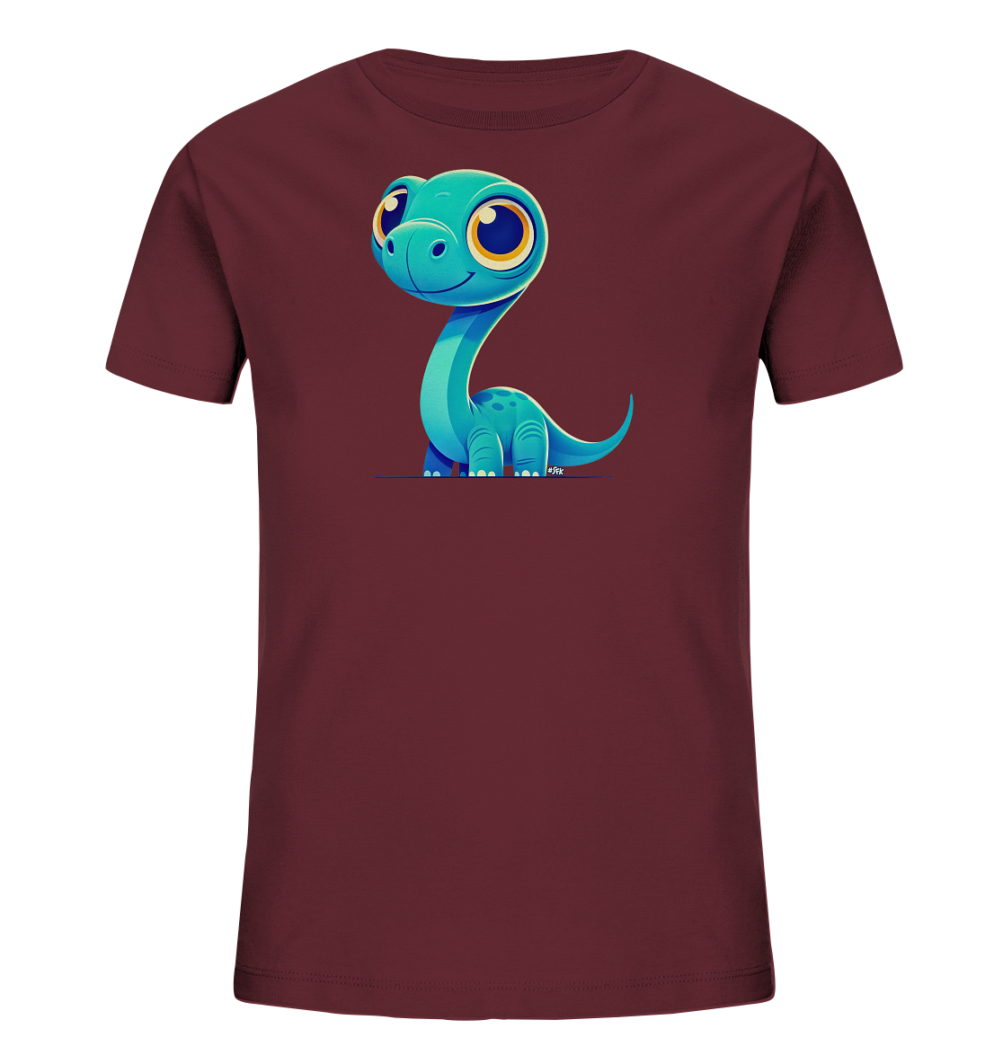 Onlineshop Shirts für Kinder - Das Bild zeigt ein Kinder-T-Shirt in einem dunklen Bordeauxrot. Auf der Vorderseite befindet sich eine große Grafik eines süßen, cartoonhaften Dinosauriers in Türkisblau. Der Dinosaurier hat große, freundliche Augen und einen langen Hals. Dieses Design wirkt verspielt und ansprechend für kleine Dino-Fans.