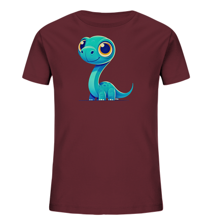 Onlineshop Shirts für Kinder - Das Bild zeigt ein Kinder-T-Shirt in einem dunklen Bordeauxrot. Auf der Vorderseite befindet sich eine große Grafik eines süßen, cartoonhaften Dinosauriers in Türkisblau. Der Dinosaurier hat große, freundliche Augen und einen langen Hals. Dieses Design wirkt verspielt und ansprechend für kleine Dino-Fans.