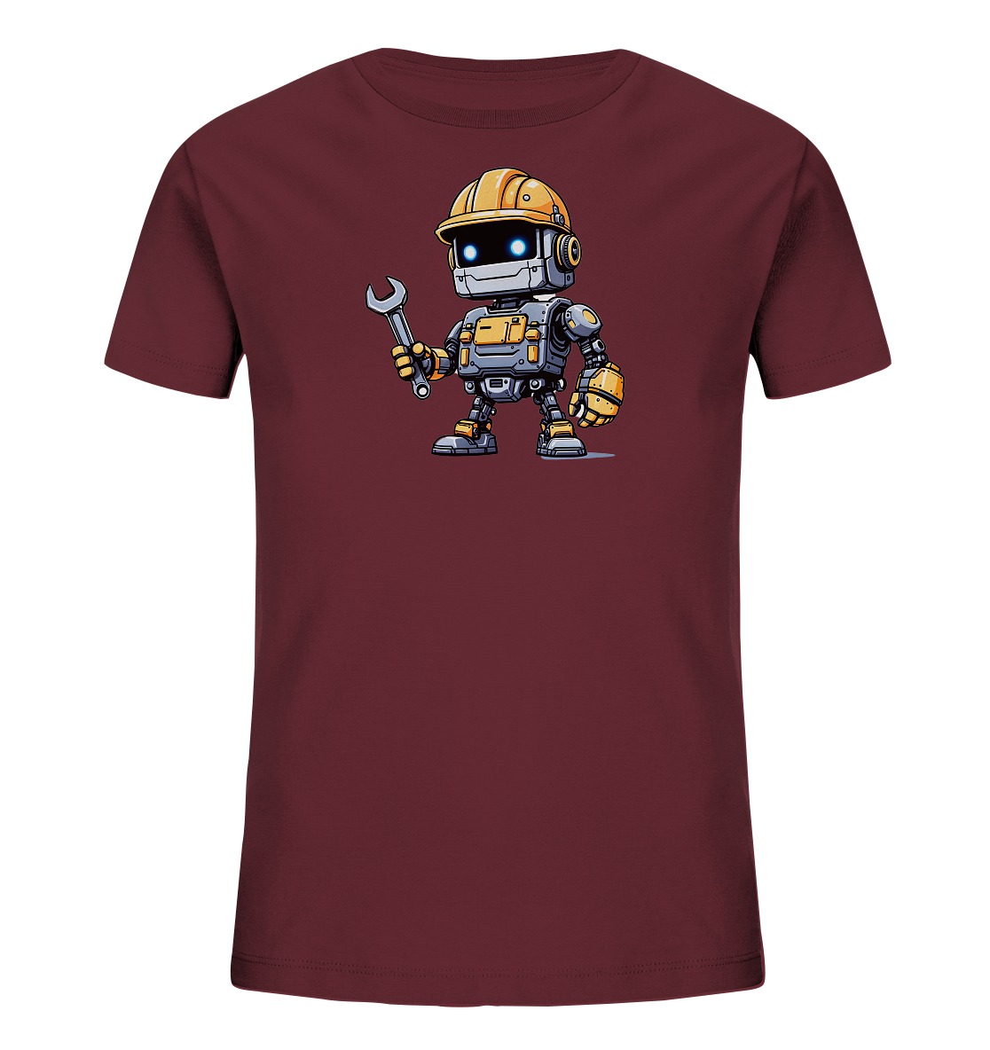 Onlineshop Shirts für Kinder - Das Bild zeigt ein Kinder-T-Shirt in einem dunklen Burgunderrot. Auf der Vorderseite ist eine detailreiche, cartoonartige Illustration eines kleinen Roboters zu sehen. Der Roboter trägt einen gelben Schutzhelm und hält einen silbernen Schraubenschlüssel in der Hand. Seine Augen leuchten blau, und er hat eine graue Rüstung mit gelben Akzenten. Dieses Motiv wirkt robust und verspielt, ideal für kleine Technik-Fans oder zukünftige Handwerker.