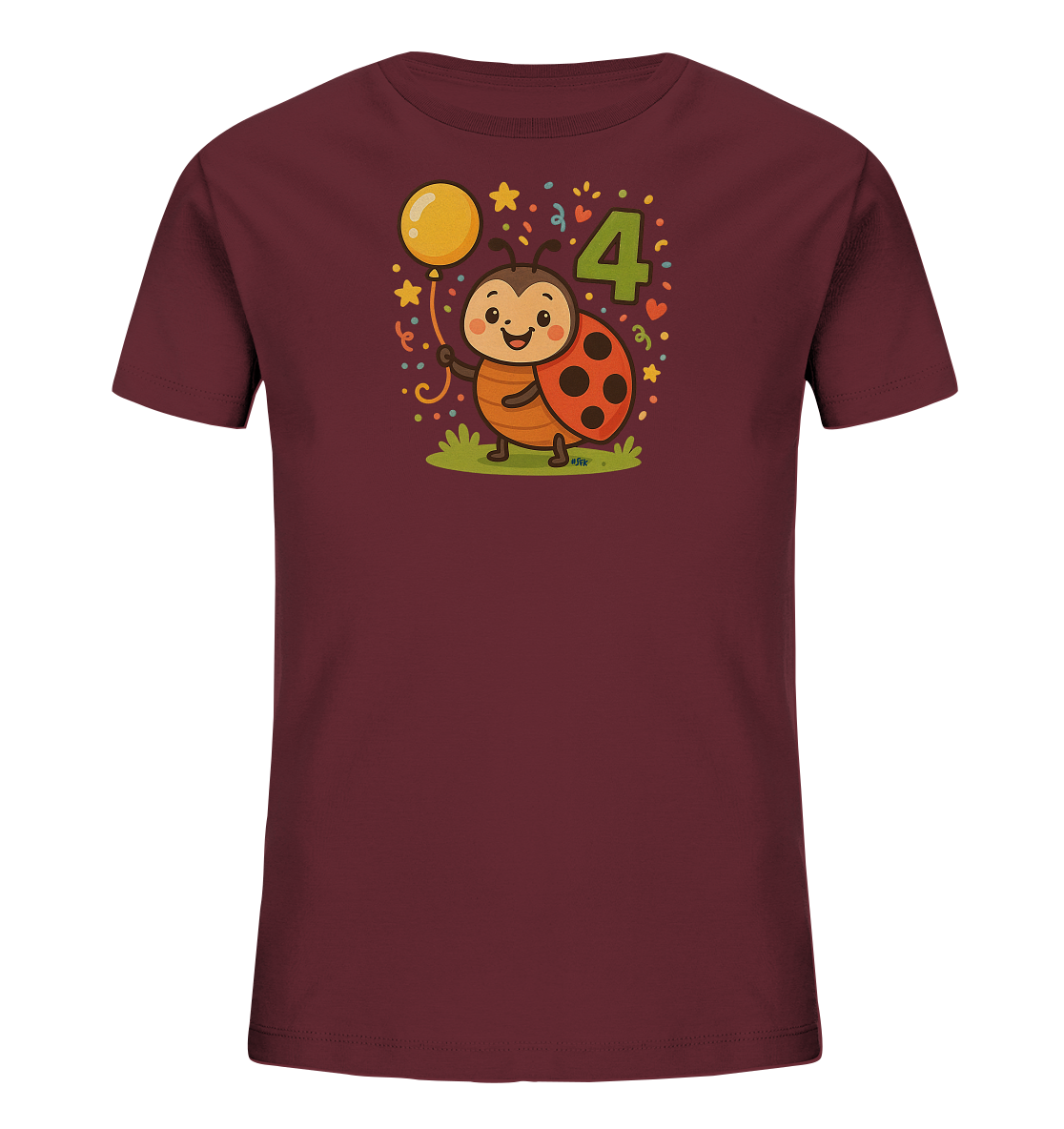 Onlineshop Shirts fuer Kinder - Ein dunkelrotes Kinder-T-Shirt ist im Bild zu sehen. Es zeigt eine froehliche Cartoon-Grafik eines Marienkaefers, der einen gelben Ballon haelt. Neben dem Kaefer befindet sich die Zahl '4' in Gruen, umrahmt von bunten Sternen, Herzen und Konfetti. Das Motiv steht auf einer kleinen Rasenflaeche und wirkt sehr festlich.