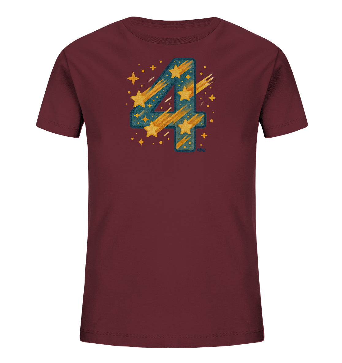Onlineshop Shirts fuer Kinder - Das Bild zeigt ein dunkelrotes T-Shirt fuer Kinder. Auf der Vorderseite befindet sich ein auffaelliges Design der Zahl '4'. Die Zahl ist mit Sternen und einem Muster gefuellt und wird von Sternschnuppen und kleineren Sternen umrahmt. Dieses kosmische Motiv verleiht dem Shirt einen lebendigen und kreativen Look.