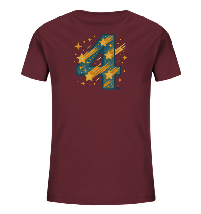 Onlineshop Shirts fuer Kinder - Das Bild zeigt ein dunkelrotes T-Shirt fuer Kinder. Auf der Vorderseite befindet sich ein auffaelliges Design der Zahl '4'. Die Zahl ist mit Sternen und einem Muster gefuellt und wird von Sternschnuppen und kleineren Sternen umrahmt. Dieses kosmische Motiv verleiht dem Shirt einen lebendigen und kreativen Look.