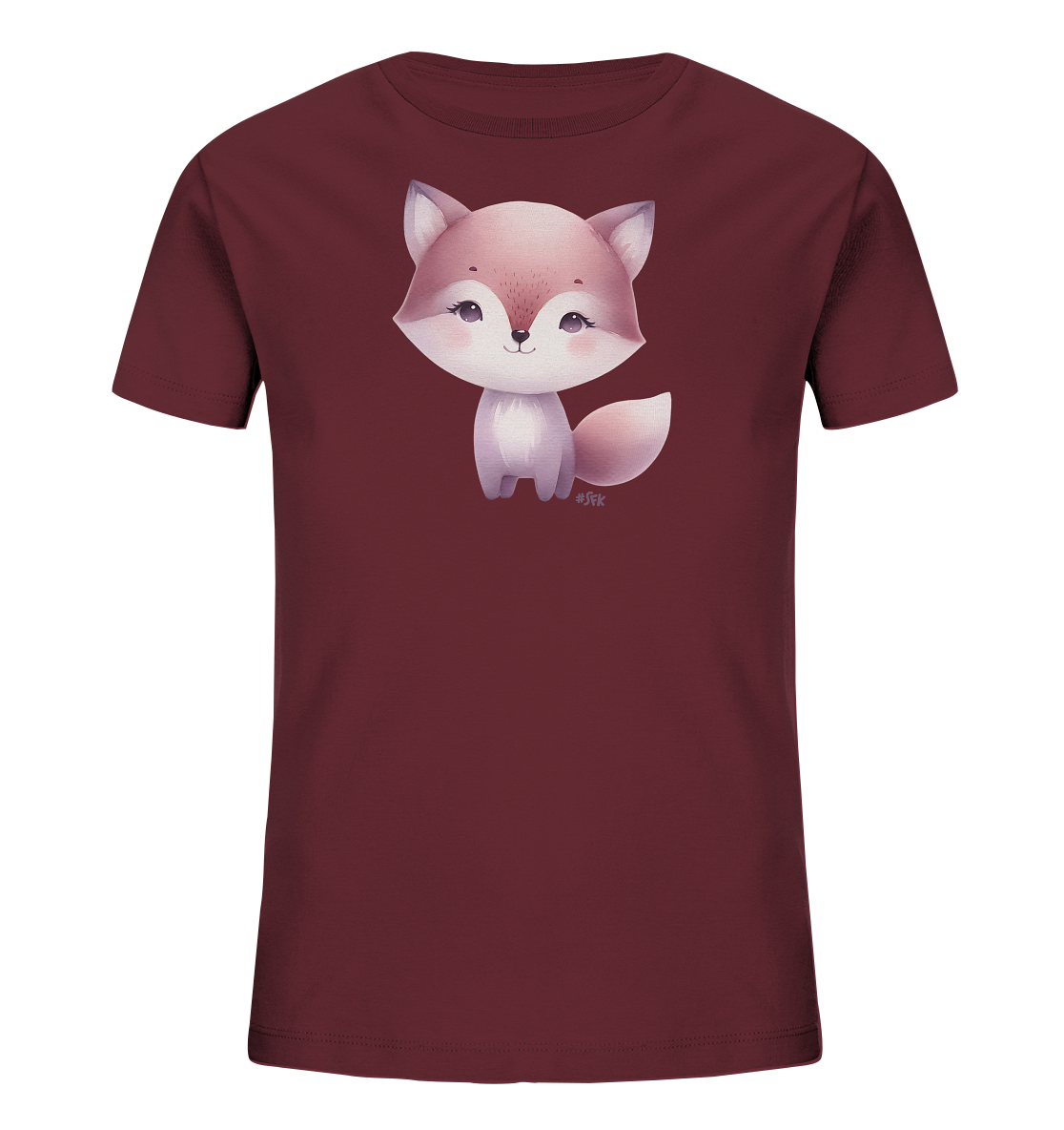 Onlineshop Shirts fuer Kinder - Das Bild zeigt ein Kinder T-Shirt in einem dunklen Rotton. Auf der Vorderseite ist eine niedliche Fuchs-Illustration in Rosa- und Weisstoenen zu sehen. Der Fuchs hat grosse Augen und einen freundlichen Ausdruck. Das Design wirkt verspielt und ansprechend fuer Kinder.