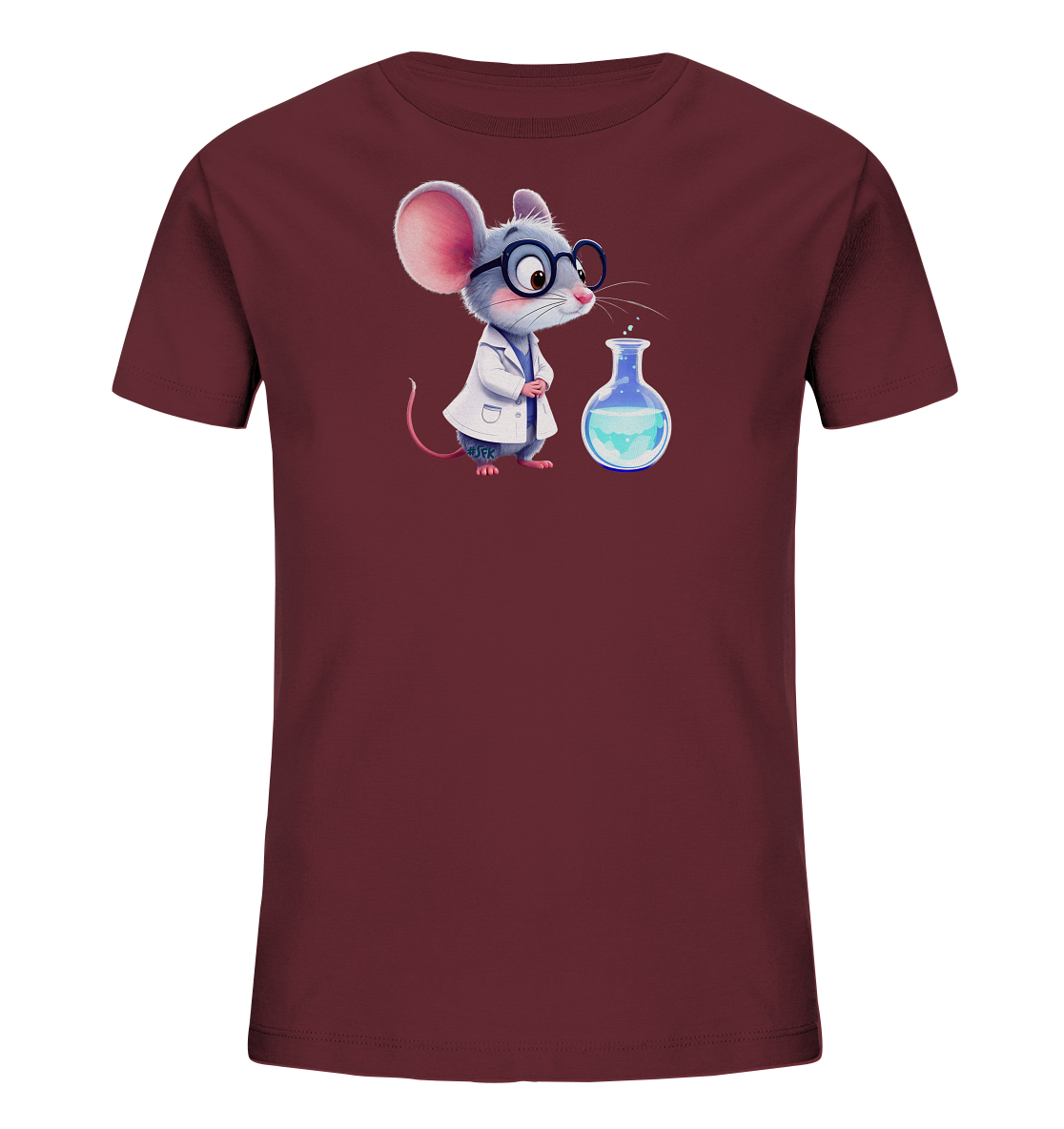 Onlineshop Shirts fuer Kinder - Das Bild zeigt ein dunkelrotes Kinder-T-Shirt. Auf der Vorderseite ist eine suesse Cartoon-Maus als Wissenschaftler mit Laborkittel und Brille abgebildet. Die Maus blickt aufmerksam auf einen Glaskolben mit blauer Fluessigkeit. Dieses Design bietet ein spielerisches und lehrreiches Thema.
