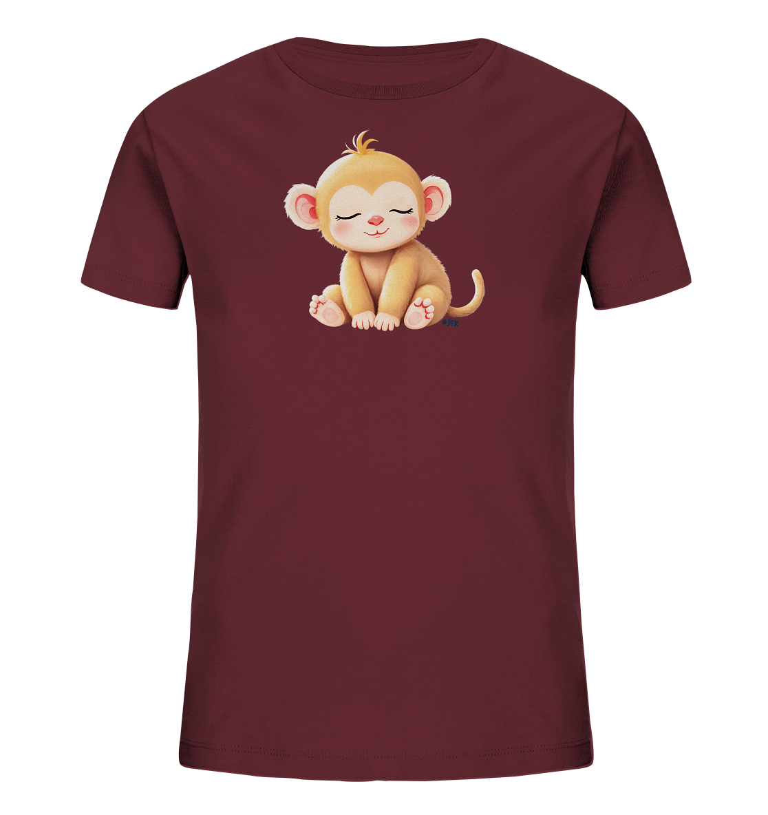 Onlineshop Shirts fuer Kinder - Das Bild zeigt ein burgunderrotes Kinder-T-Shirt. Auf der Vorderseite ist ein niedlicher, sitzender Affe mit geschlossenen Augen und einem sanften Laecheln abgebildet. Der Affe hat hellbraunes Fell und rosafarbene Ohren sowie Pfoten. Das Design wirkt freundlich und ansprechend.