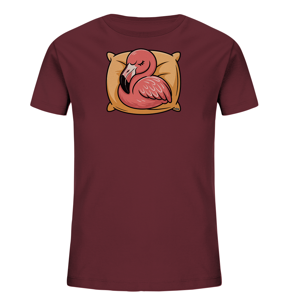 Onlineshop Shirts fuer Kinder - Das Bild zeigt ein dunkelrotes Kinder-T-Shirt. Auf der Vorderseite ist ein schlafender Flamingo in Rosatoenen abgebildet, der gemuetlich auf einem gelben Kissen liegt. Das Motiv ist im Cartoon-Stil gehalten und wirkt ruhig sowie liebenswert. Dieses Design verleiht dem T-Shirt einen charmanten und verspielten Charakter.