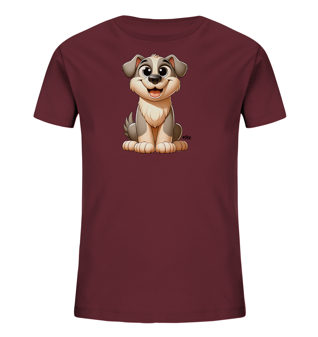 Onlineshop Shirts fuer Kinder - Das Bild zeigt ein dunkelrotes T-Shirt fuer Kinder. Auf der Vorderseite ist eine charmante, cartoonhafte Illustration eines Hundes zu sehen. Der Hund sitzt aufrecht, hat graues und beiges Fell, grosse Kulleraugen und ein freundliches Laecheln. Das Design wirkt insgesamt sehr froehlich und ansprechend.